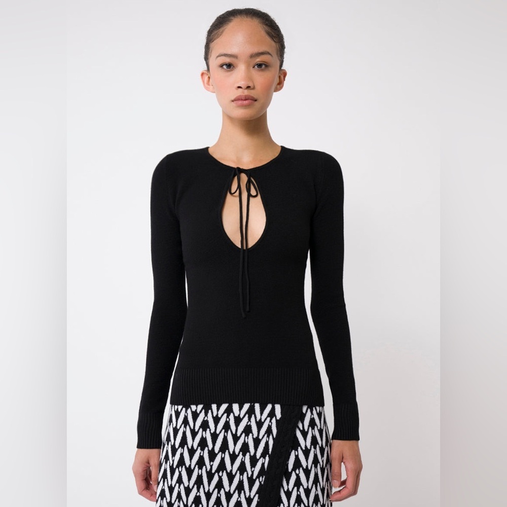 JoosTricot Black Ecomerino Wool Long Sleeve Keyhole Seed Stitch Top EUC Size XS - Picture 2 of 12